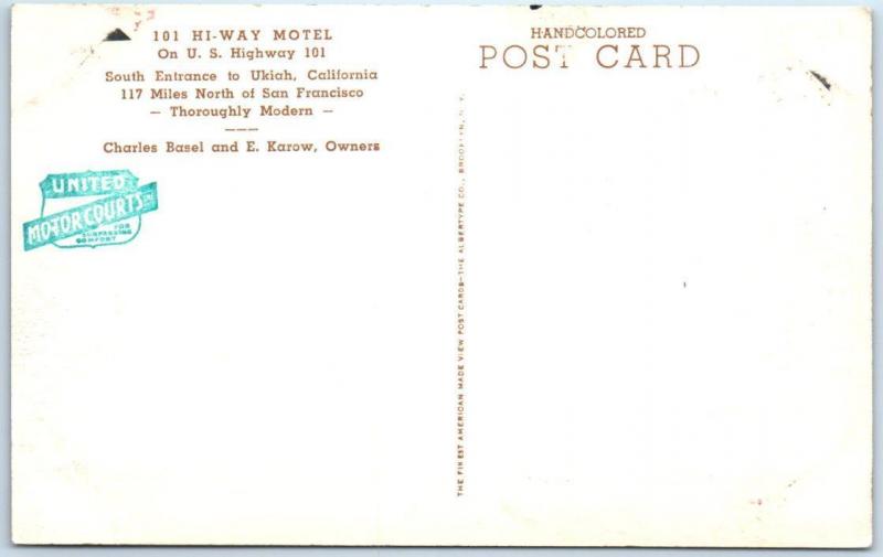 UKIAH, California  CA   Handcolored Roadside  101 HI-WAY HOTEL  Postcard