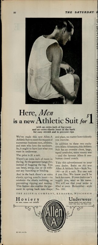 1927 Allen A Mens Athletic Suit $1.00 Vintage Print Ad 3921