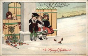Christmas Kids Leave Gifts For Little Girls Drum Dolls Vintage Postcard