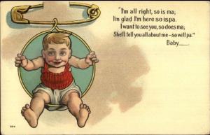 Baby & Safety Pin Poem About Absent Father c1910 Postcard