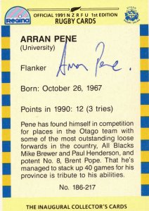 Arran Pene Otago NZ Rugby Team 1991 Hand Signed Card Photo