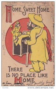 Organ Grinder wearing raincoat and hat, monkey, Home, sweet home there is no...