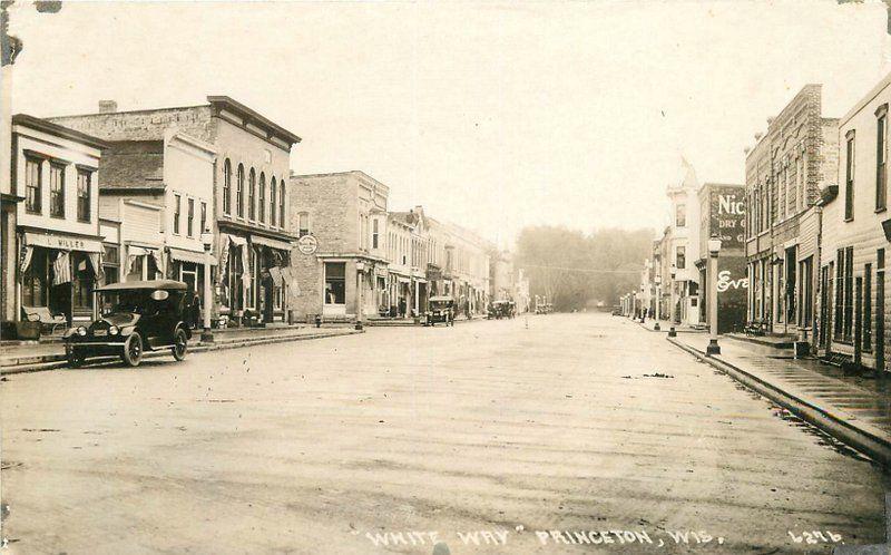 1920s Princeton Green Lake Wisconsin White Way Street View RPPC Co-Mo Postcard