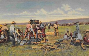 Chuck Wagon Camp Fire Meal Western Cowboys Ranching linen postcard