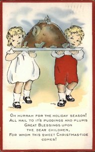 Whitney Children Serve Giant Christmas Pudding c1910 Vintage Postcard