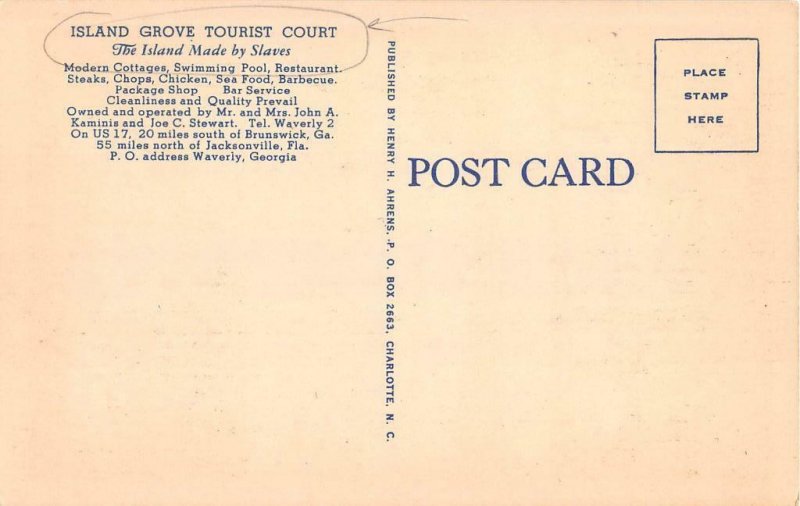 ISLAND GROVE TOURIST COURT WAVERLY GEORGIA BLACK AMERICANA POSTCARD (c. 1920s)