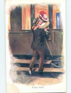 Pre-Linen foreign signed ROMANTIC COUPLE KISS AS TRAIN DEPARTS STATION HL8361