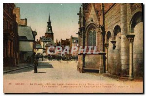 Old Postcard Dinan Place Saint Sauveur Church and the Clock Tower