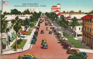 Lincoln Road Miami Beach Florida 5th Avenue Autos Unused Linen Postcard G16