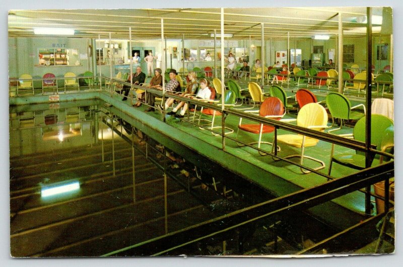 Lewisville TX~Fishing Barge Interior~Fishermen in Chairs~Bait Window~Cafe~1970