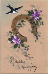 Happy New Year Bird and a Horseshoe Vintage Postcard B132