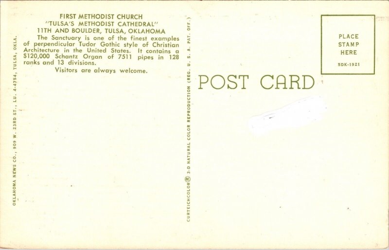 First Methodist Church 11th Boulder Tulsa Oklahoma OK Postcard VTG UNP Curteich  