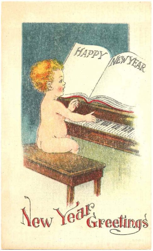 Vintage Happy New Year Greeting Piano Baby Postcard