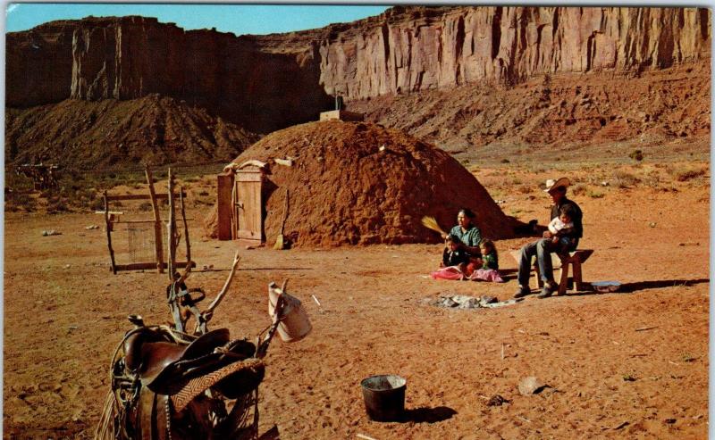 NORTHERN ARIZONA  NAVAJO FAMILY at HOGAN  Saddle    c1950s   Postcard