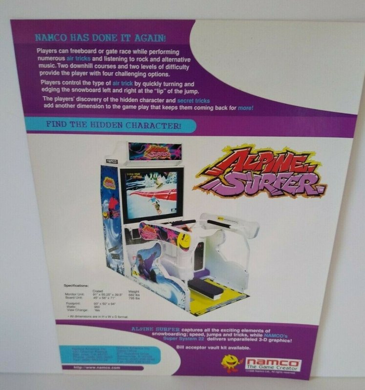 Namco Alpine Surfer Arcade FLYER Original NOS Video Game Snow Boarding 1996   