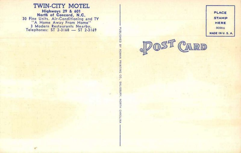 Concord North Carolina Twin-City Motel Vintage Postcard AA15956