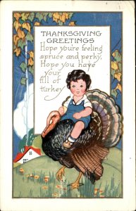 Thanksgiving Boy Rides Turkey Spruce and Perky c1900-20s Vintage Postcard