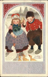 Christmas Dutch Children Feeding Duck Mom and Ducklings c1910 Vintage Postcard