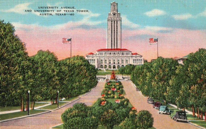 Austin Texas, University Avenue and University of Texas Tower Vintage Postcard
