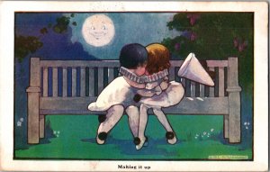 French Clowns Kissing AGNES RICHARDSON Vintage Postcard making it up JY8