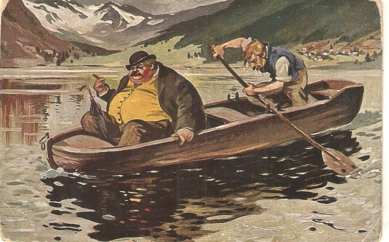 Fat man carried on a boat Humorous vintage German postcard