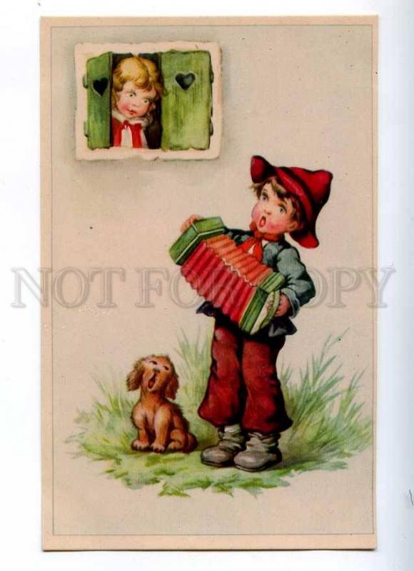 188009 Rural Boy w/ BAYAN & Singing Dog Vintage Colorful PC