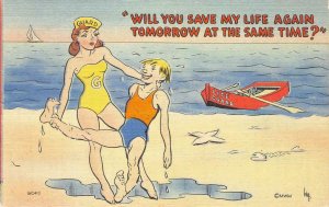 Beach Lifeguard Pin-Up Comic Risque c1940s Funny Linen Vintage Postcard