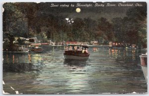 1909 Cleveland OH Rocky River Moonlight Boating Vintage Postcard Braun