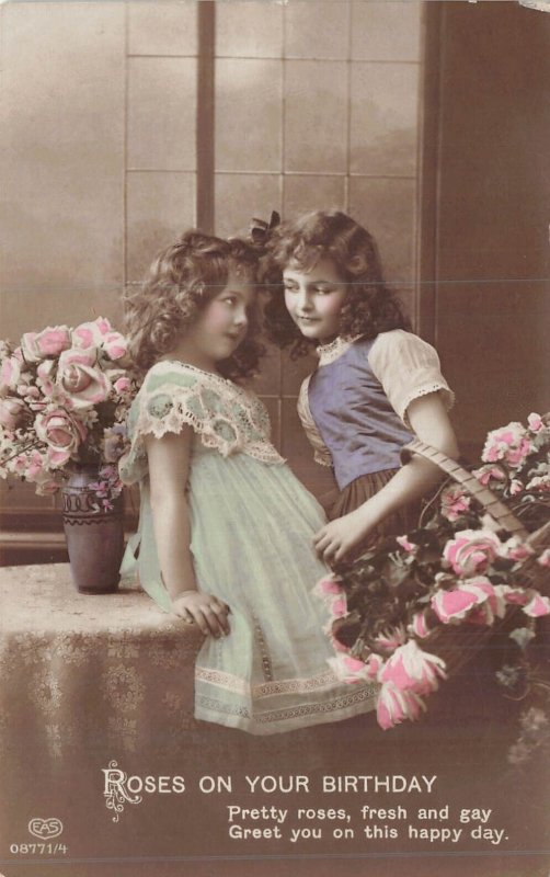 ROSES ON YOUR BIRTHDAY-BEAUTIFUL LITTLE GIRLS-FRESH & GAY~1913 PHOTO POSTCARD 