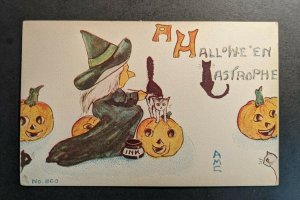 Mint Vintage A Halloween Pumpkin and Cats Illustrated Postcard
