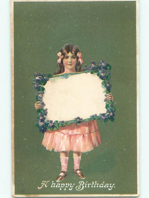 Unused Pre-Linen CUTE GIRL HOLDING BLANK MESSAGE BOARD J2744