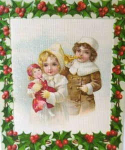 Christmas Postcard Victorian Children Bugle Boy Girl With Doll BW 321 Germany