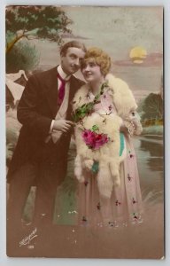 RPPC Dapper Couple Romance Under The Moon Hand Colored Real Photo Postcard R27