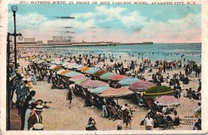 VINTAGE POSTCARD BATHING IN FRONT OF RITZ CARLTON HOTEL ATLANTIC CITY NJ 1928