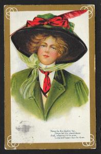 Gibson Girl in Green Coat & Hat Red Bow Used c1910s