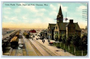 Cheyenne Wyoming WY Postcard Union Pacific Tracks Depot And Park 1910 Antique