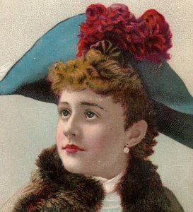 1880s-90s Victorian Trade Card Lovely Young Lady In Blue Hat Fab! #5C 