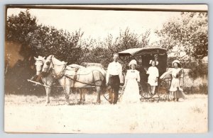 Real Photo Postcard~Victorian Family of Four Outside Horse Drawn Carriage~c1908 