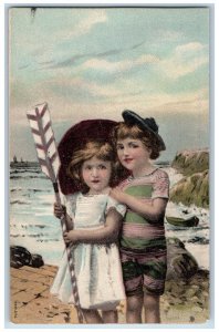 Children Postcard Holding Paddle Boat Scene Embossed c1910's Unposted Antique
