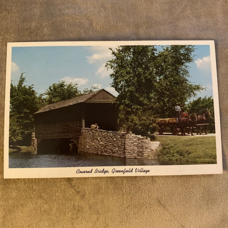 Dearborn Michigan Covered Bridge Greenfield Village Horse Carriage Postcard VTG