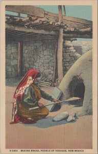 Fred Harvey Postcard Native American Baking Bread Pueblo Tesque New Mexico