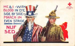 A89/ Patriotic Postcard c1910 Uncle Sam Soldier Even Stride Rifle Red Cross 7