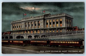 1910 Baltimore Maryland MD Postcard New Union Station Night Moonlight Unposted