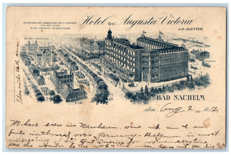 1912 Hotel Augusta Victoria Bad Nauheim Germany Antique Posted Postcard