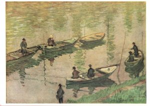 Claude Monet Fishing On The Seine Old Medici Painting Postcard