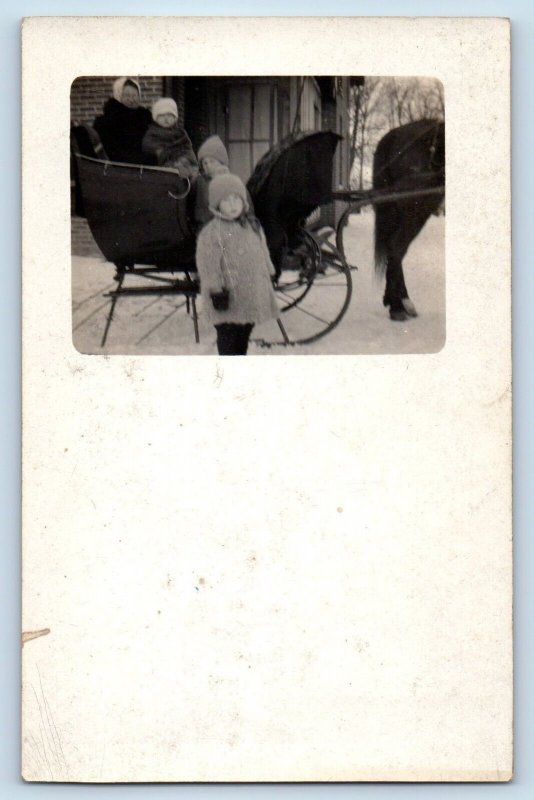 Childrens Postcard RPPC Photo Horse Carriage Sleigh Winter Scene c1910's Antique