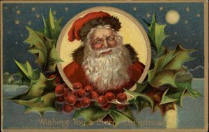 Antique Postcard CHRISTMAS Santa Claus Embossed Holly Border