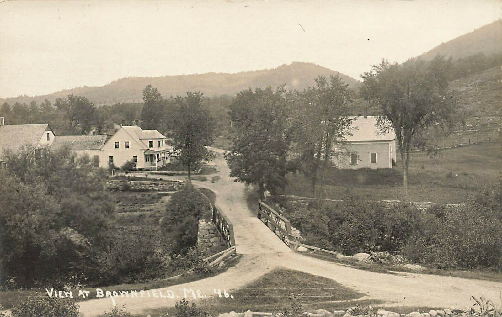View at Brownfield ME River Bridge Houses Real Photo Postcard United