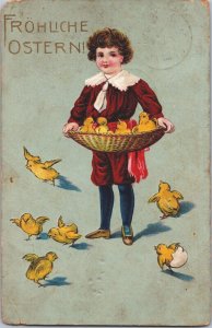 Happy Easter Victorian Boy And Chicks Embossed Vintage Postcard 09.55