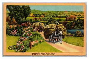 Vintage 1940's Postcard Greetings From Pella Iowa - Donkeys Pull Hay Wagons